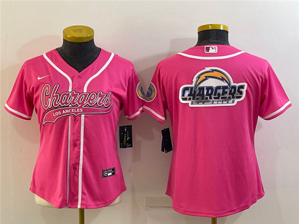 Women's Los Angeles Chargers Pink Team Big Logo With Patch Cool Base Stitched Baseball Jersey(Run Small)